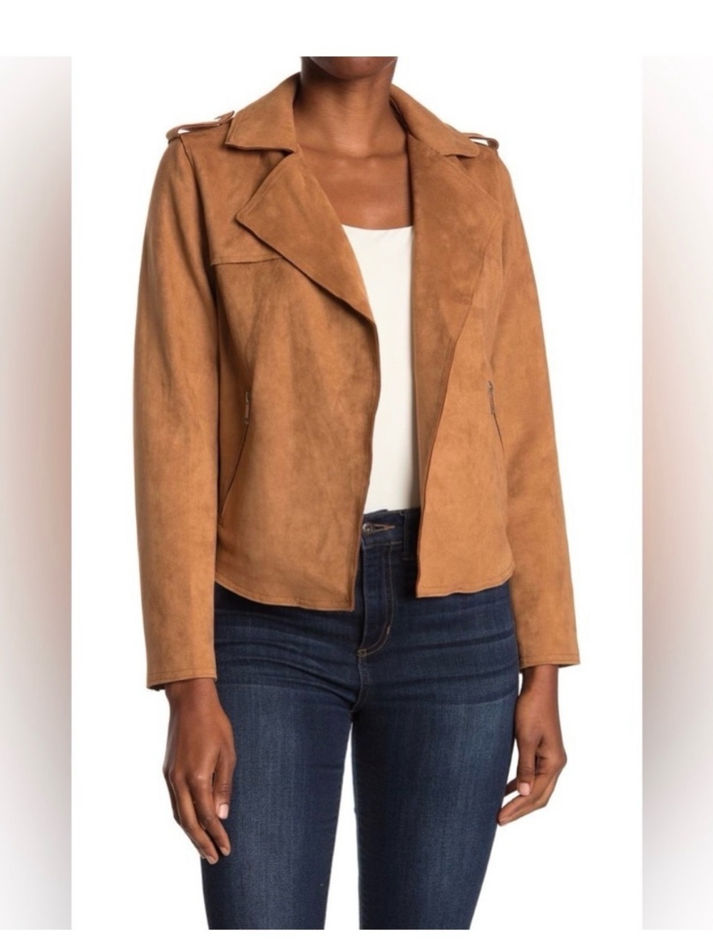 Tahari Tan Faux Suede Moto Jacket Size M